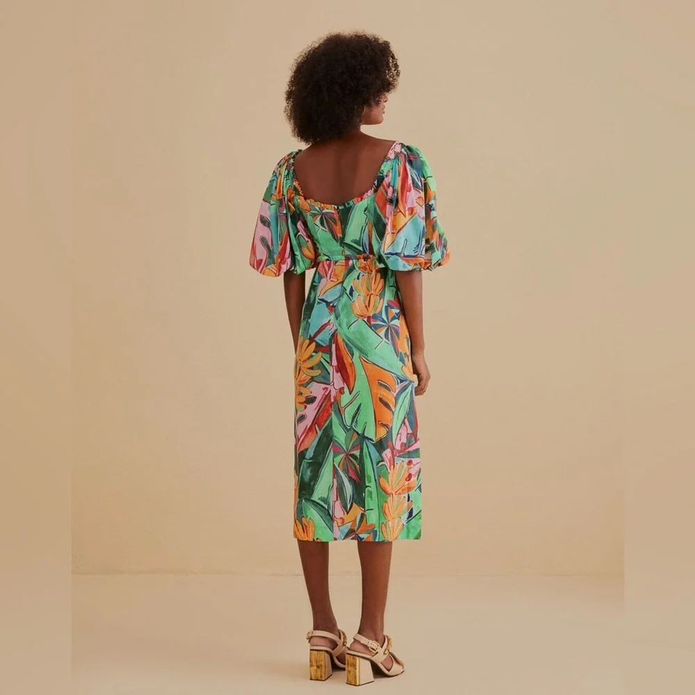 Farm Rio Multicolor Banana Foliage Puff Sleeve Midi Dress - Picture 9 of 12